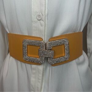 Mustard yellow PU leather buckle with rhinestones details elastic waistband belt